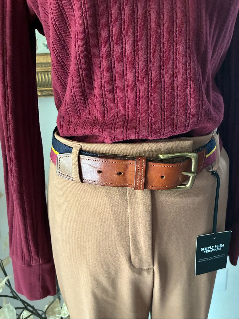 Polo Ralph Lauren Leather Blue Burgundy Striped Belt Unisex Size 38